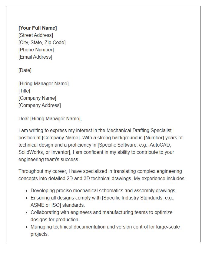 Mechanical Drafting Specialist Cover Letter Template