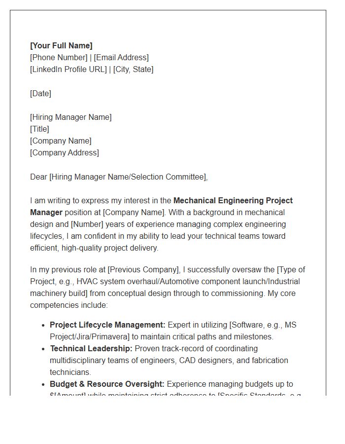 Mechanical Engineering Project Manager Cover Letter Template