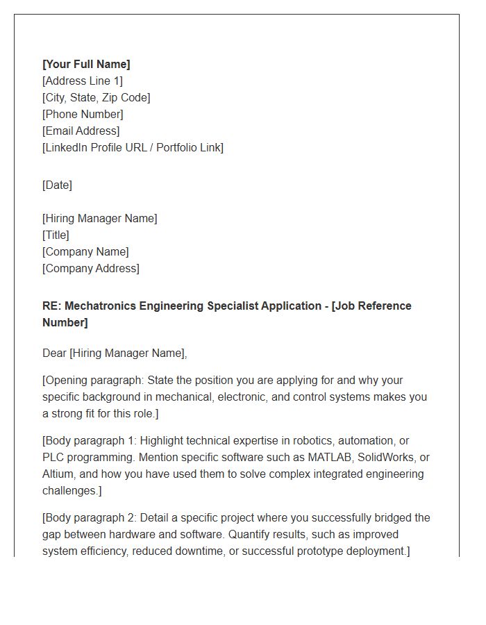 Mechatronics Engineering Specialist Cover Letter Template
