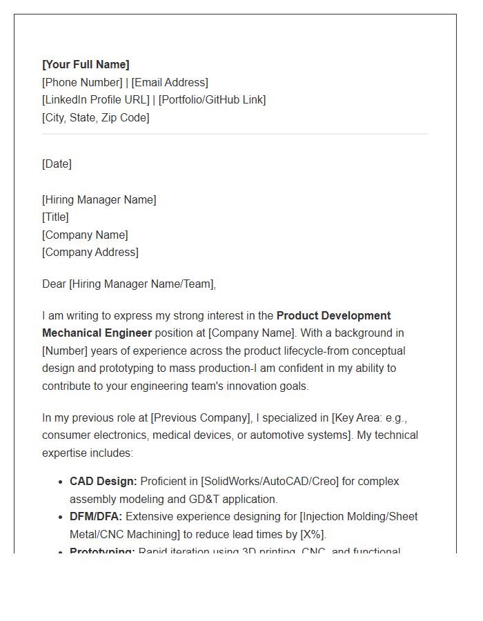 Product Development Mechanical Engineer Cover Letter Template