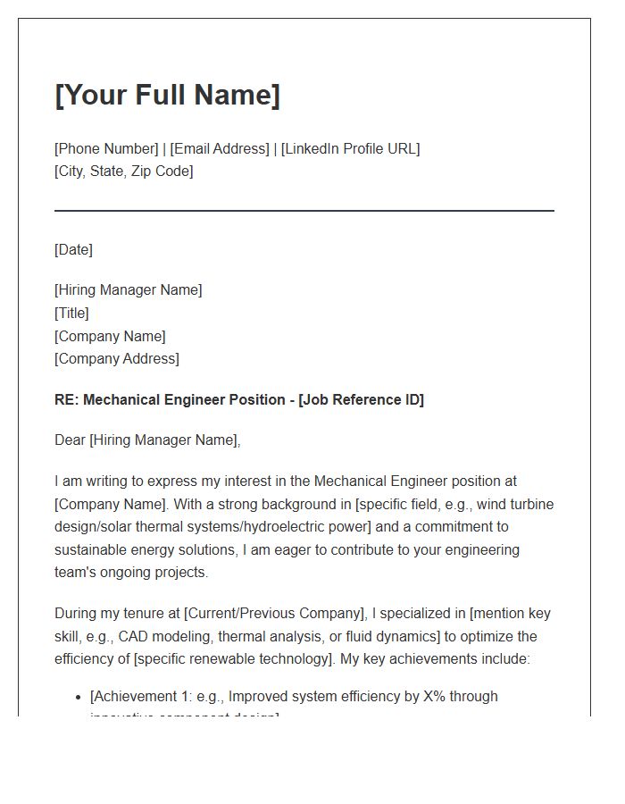 Renewable Energy Mechanical Engineer Cover Letter Template