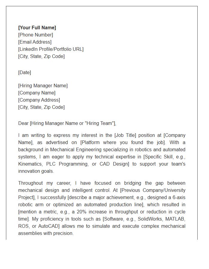 Robotics And Automation Mechanical Engineer Cover Letter Template