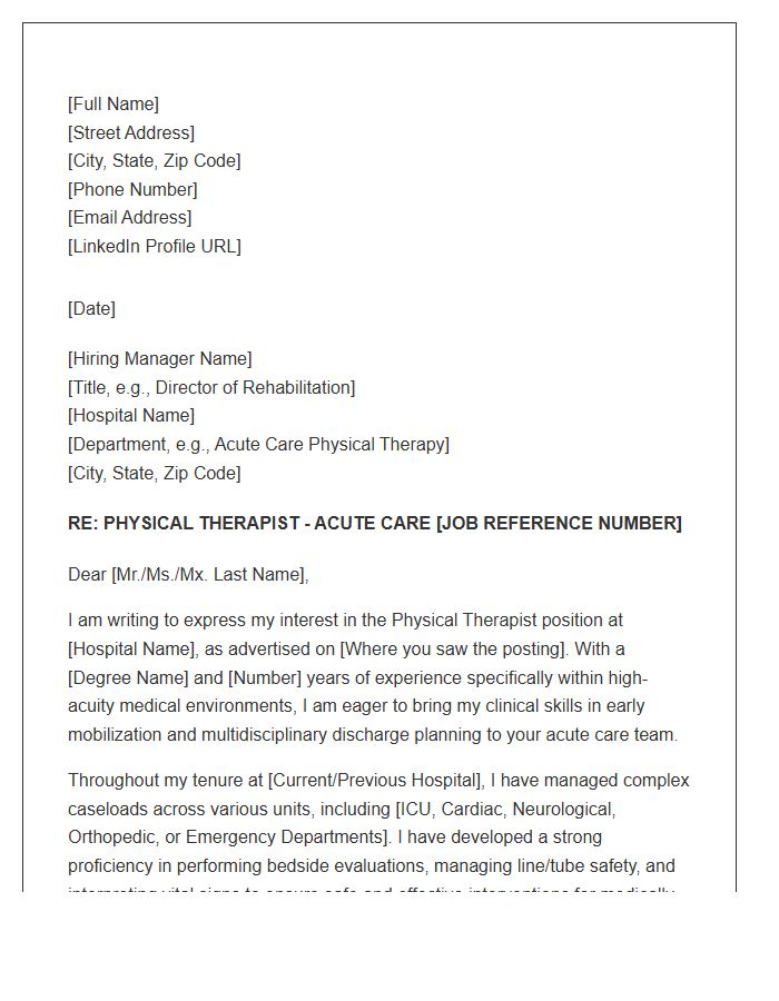 Acute Care Hospital Physical Therapist Professional Cover Letter Template