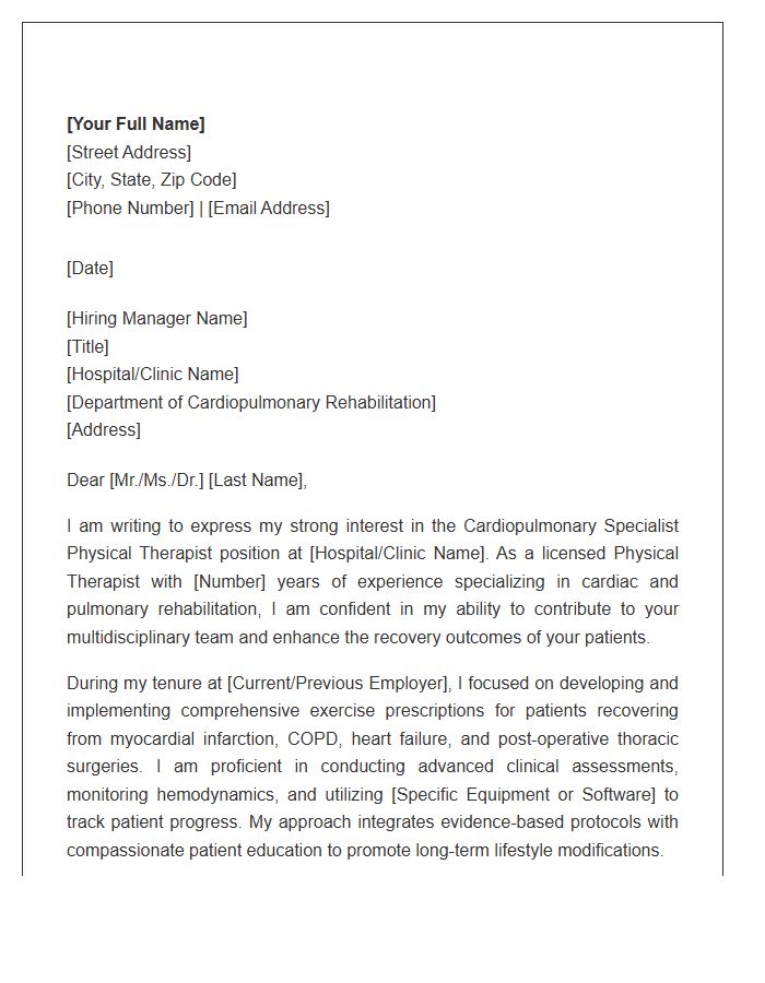 Cardiopulmonary Specialist Physical Therapist Professional Cover Letter Template