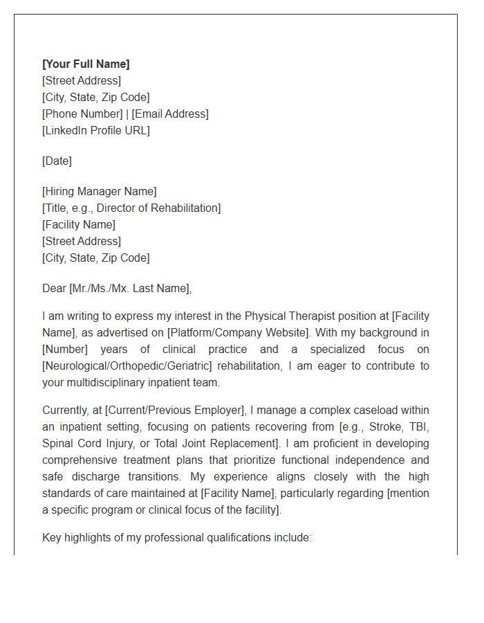 Inpatient Rehabilitation Facility Physical Therapist Professional Cover Letter Template