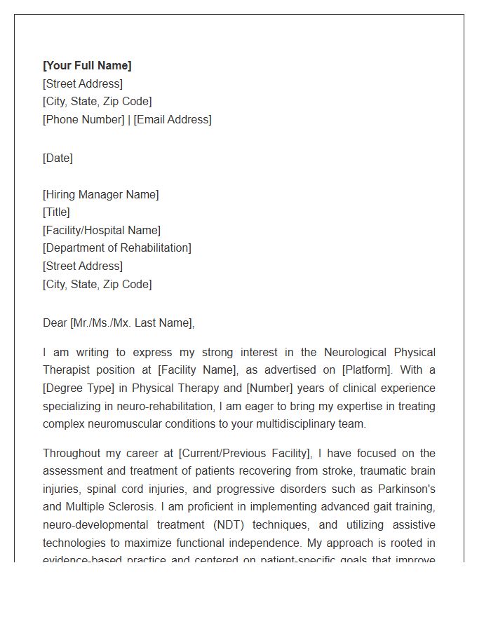 Neurological Rehabilitation Physical Therapist Professional Cover Letter Template