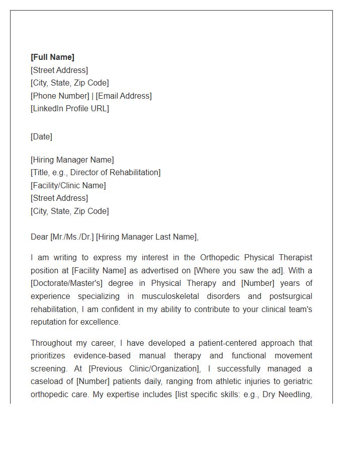 Orthopedic Physical Therapist Professional Cover Letter Template