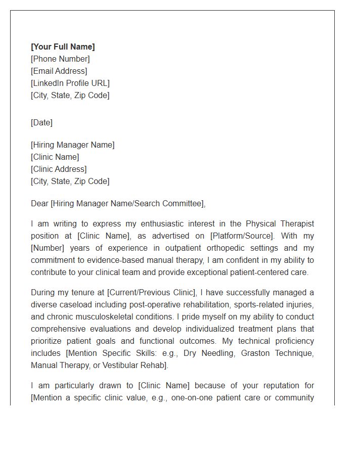 Outpatient Clinic Physical Therapist Professional Cover Letter Template