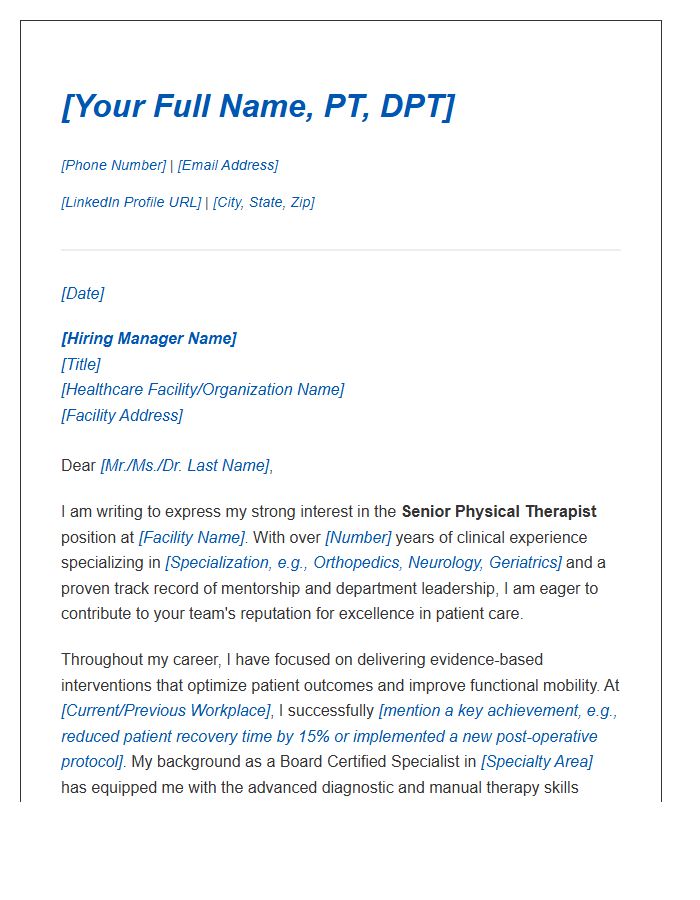 Senior Physical Therapist Professional Cover Letter Template