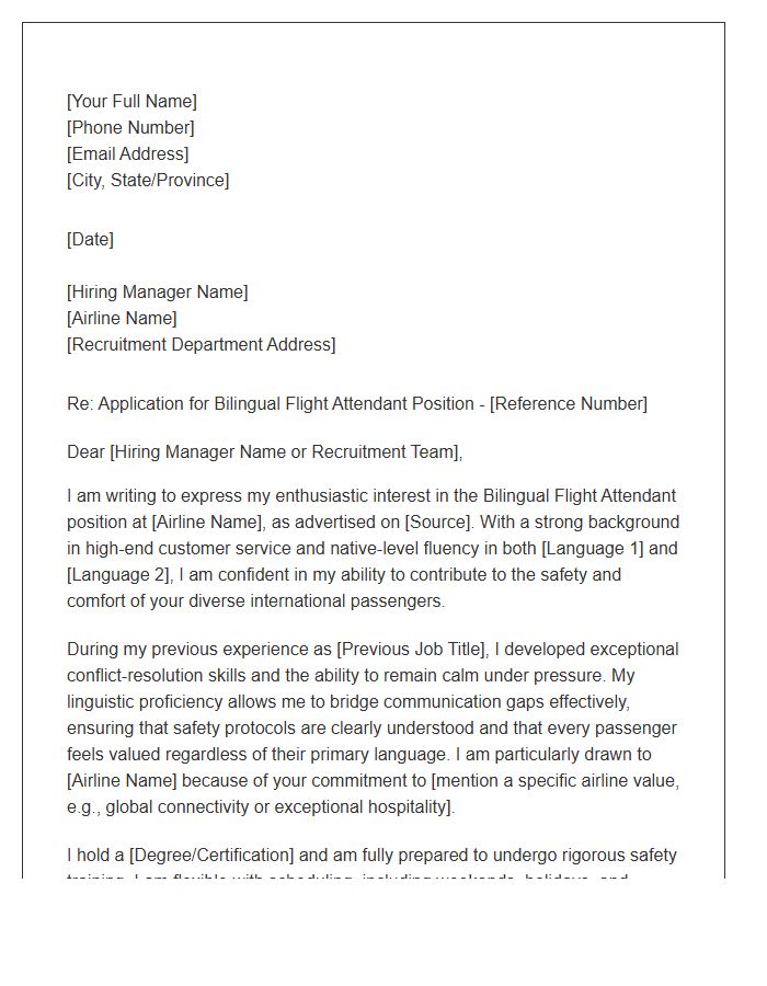 Bilingual Flight Attendant Application Cover Letter Template