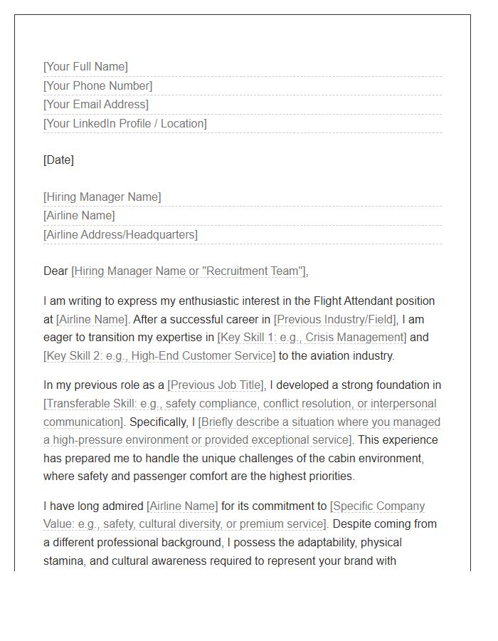 Career Changer Flight Attendant Application Cover Letter Template