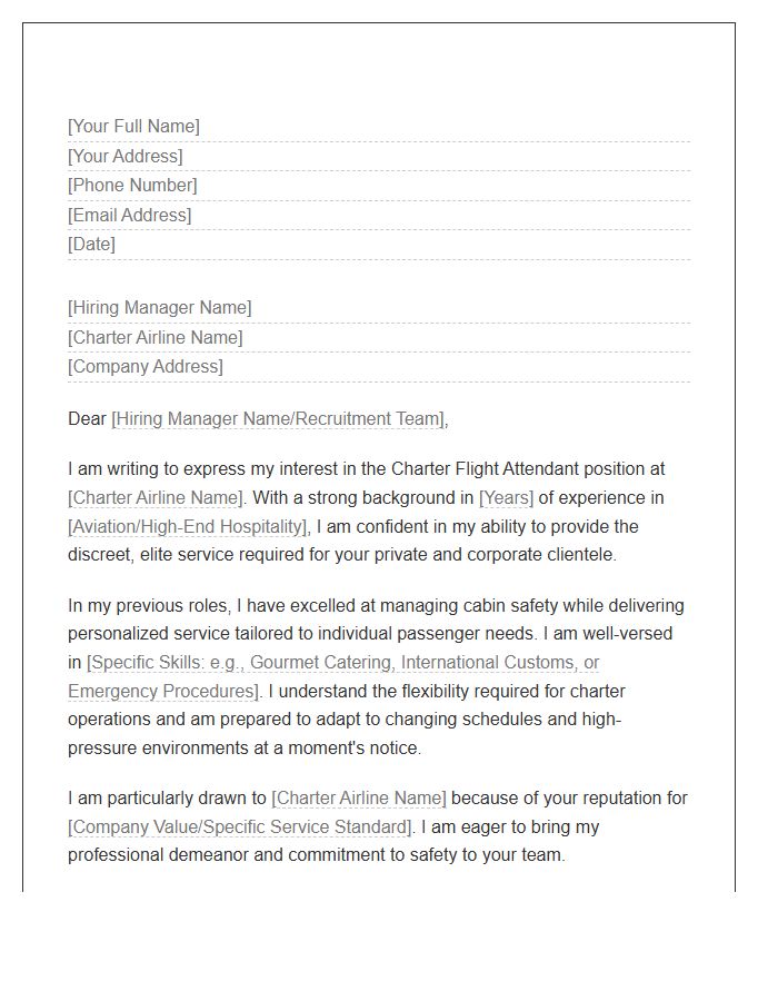 Charter Flight Attendant Application Cover Letter Template