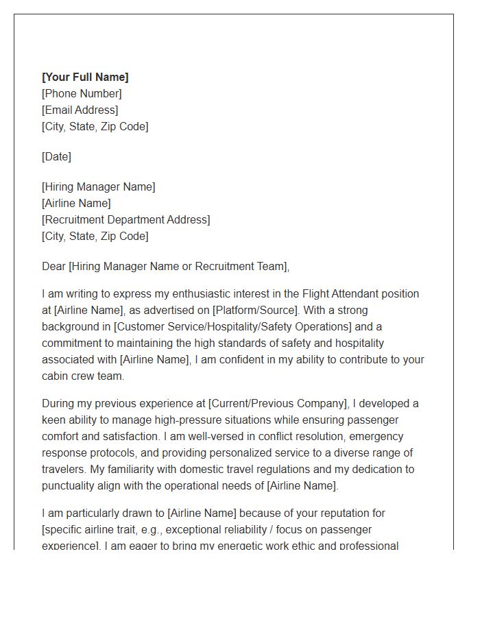 Domestic Flight Attendant Application Cover Letter Template