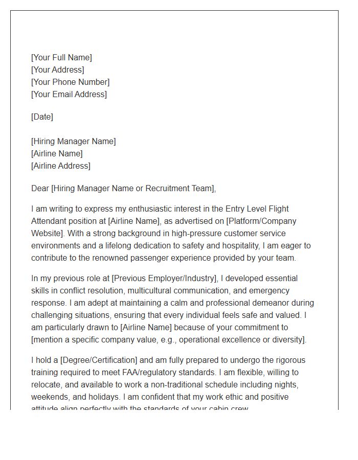 Entry Level Flight Attendant Application Cover Letter Template