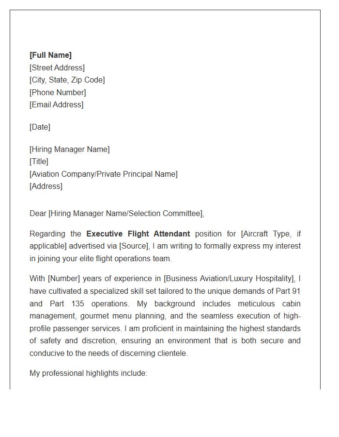 Executive Flight Attendant Application Cover Letter Template