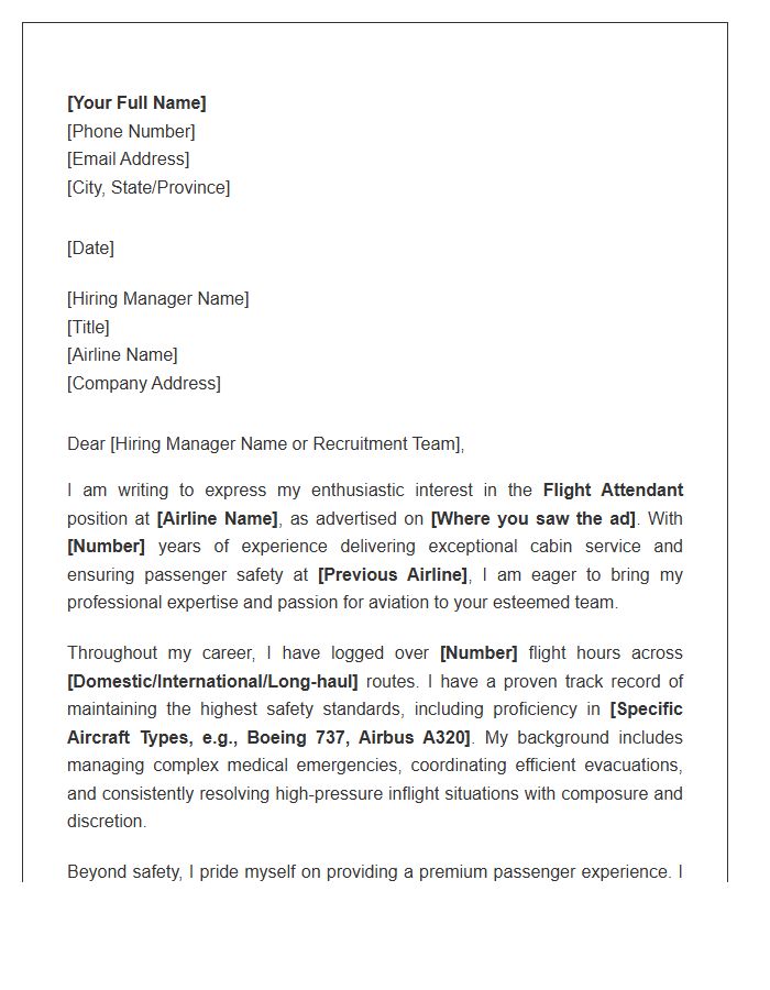 Experienced Flight Attendant Application Cover Letter Template