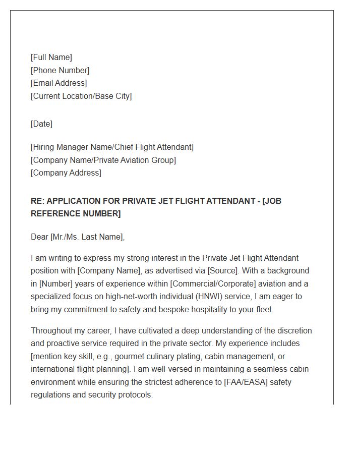 Private Jet Flight Attendant Application Cover Letter Template