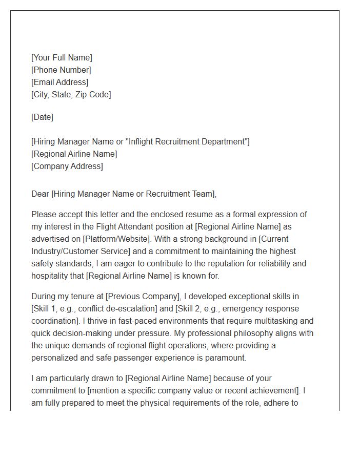 Regional Airline Flight Attendant Application Cover Letter Template