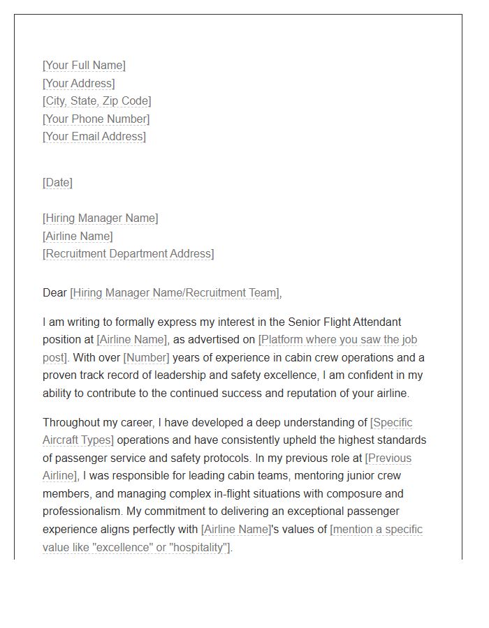 Senior Flight Attendant Application Cover Letter Template