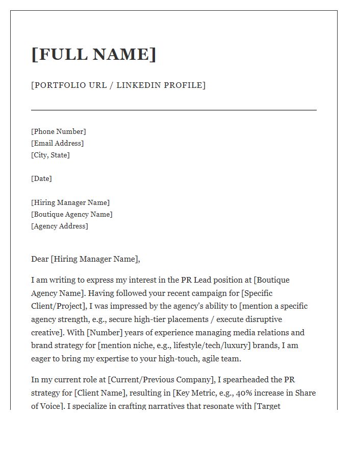 Boutique Agency PR Lead Cover Letter Template