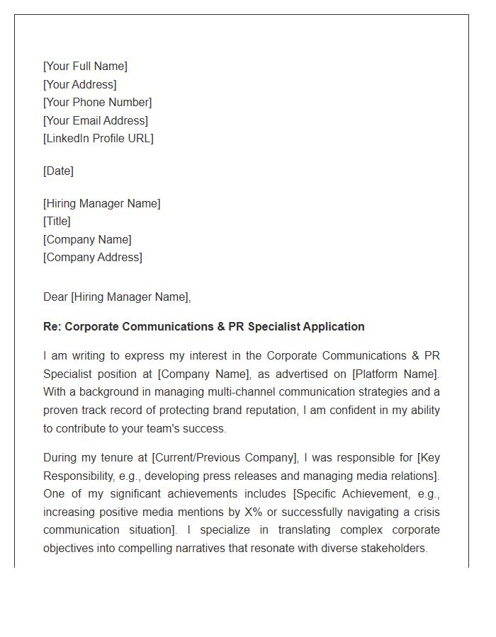 Corporate Communications PR Specialist Cover Letter Template