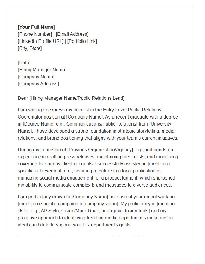 Entry Level PR Coordinator Cover Letter Template
