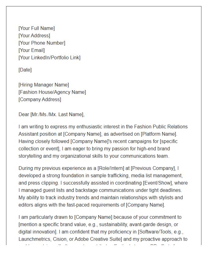Fashion Public Relations Assistant Cover Letter Template