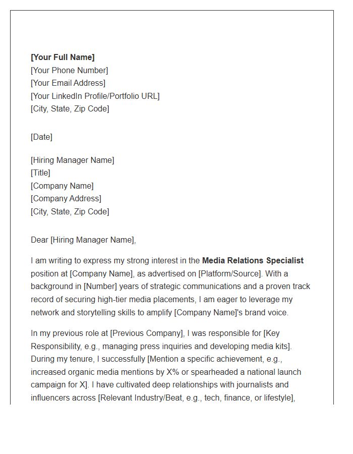 Media Relations Specialist Cover Letter Template
