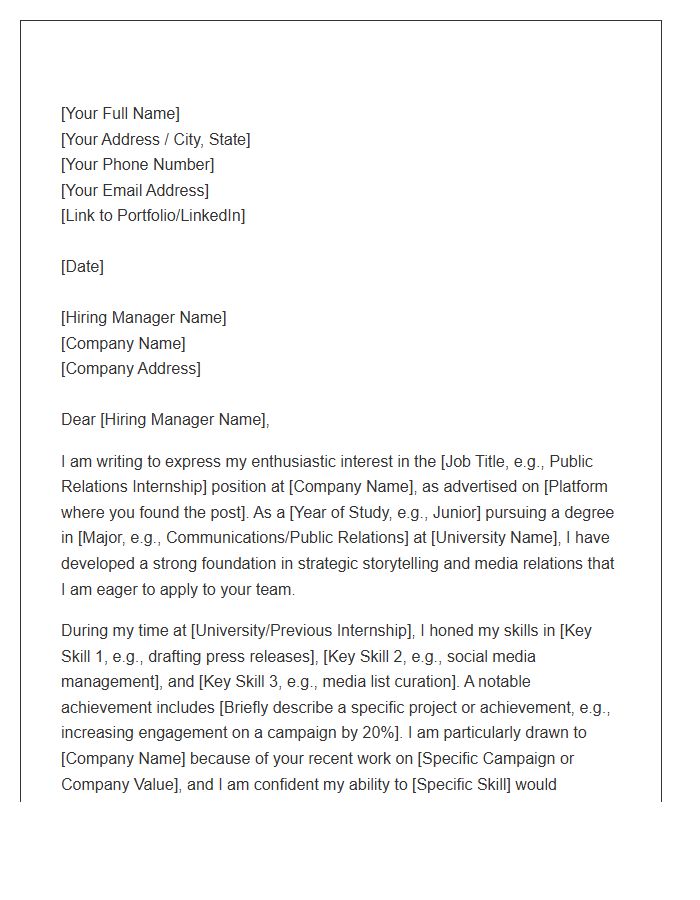 Public Relations Internship Cover Letter Template