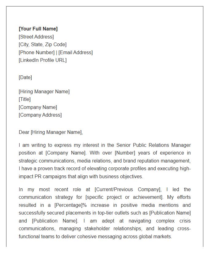 Senior Public Relations Manager Cover Letter Template