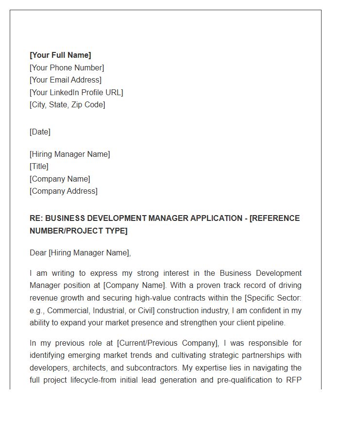 Construction Industry Business Development Manager Cover Letter Template