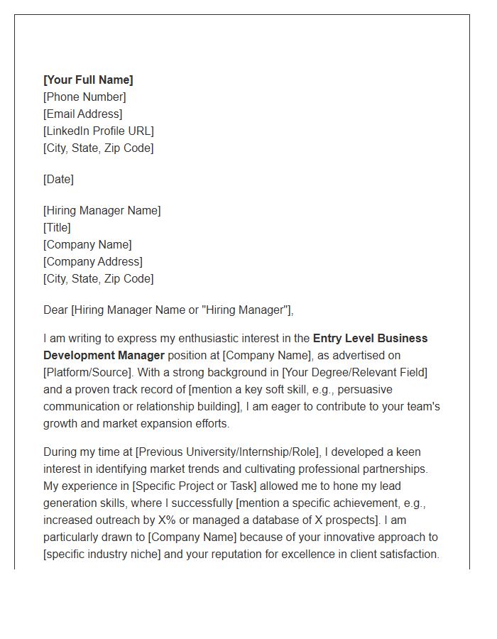 Entry Level Business Development Manager Cover Letter Template