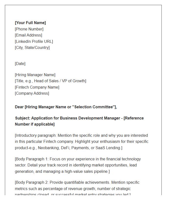 Fintech Business Development Manager Cover Letter Template