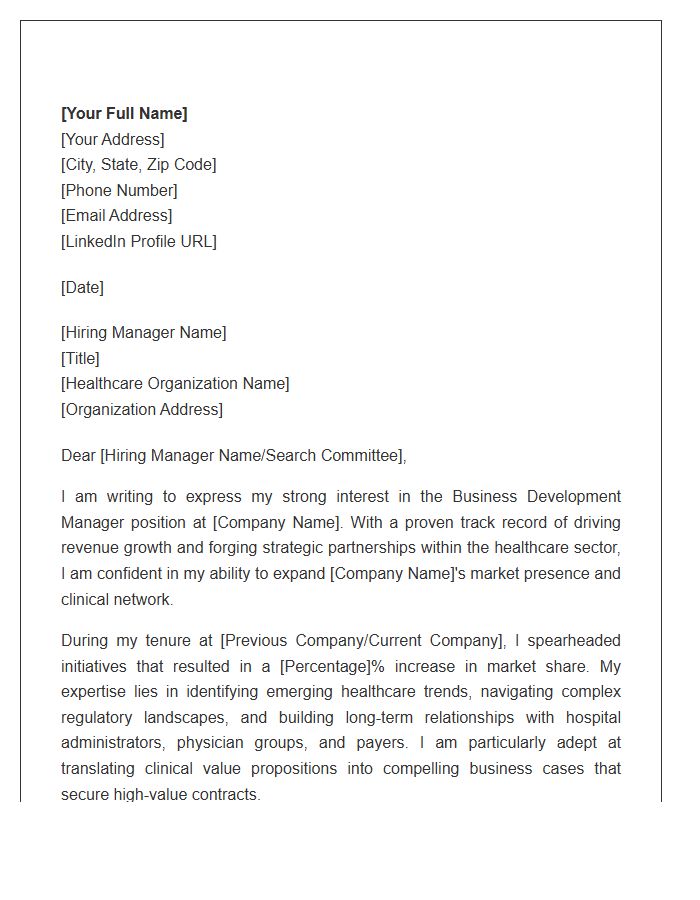Healthcare Sector Business Development Manager Cover Letter Template
