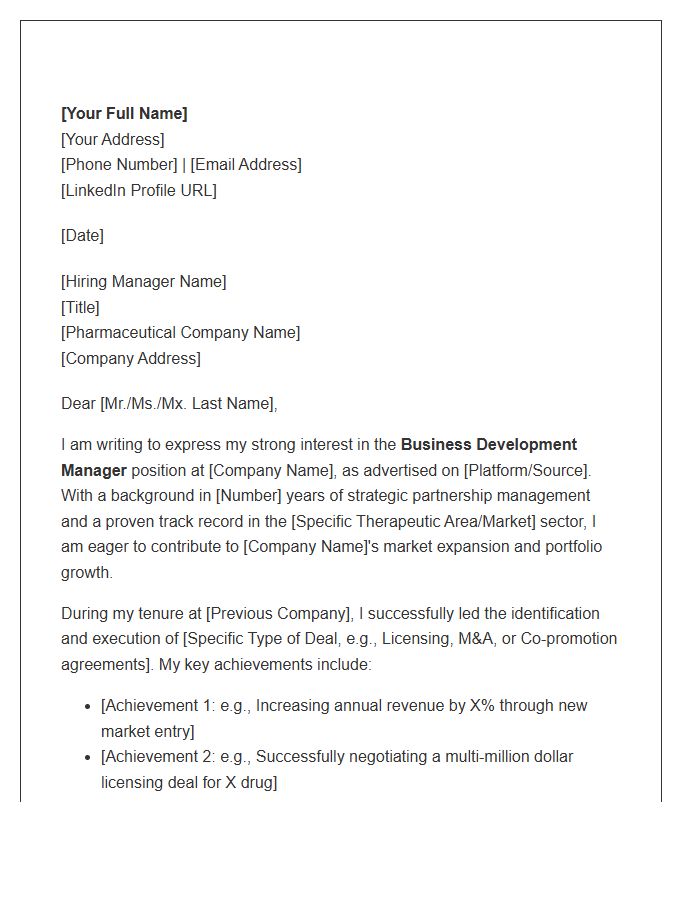 Pharmaceutical Business Development Manager Cover Letter Template