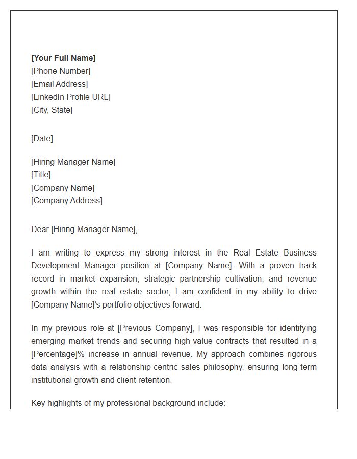Real Estate Business Development Manager Cover Letter Template