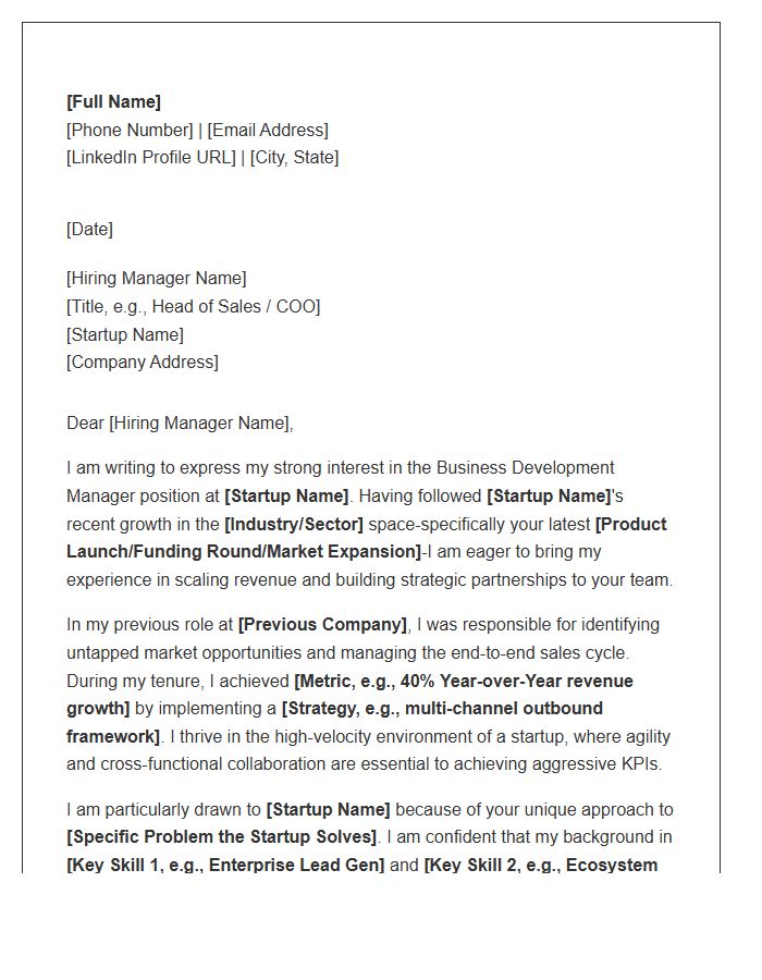 Tech Startup Business Development Manager Cover Letter Template