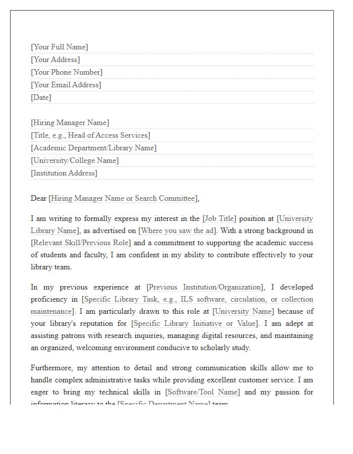 Academic Library Assistant Employment Cover Letter Template