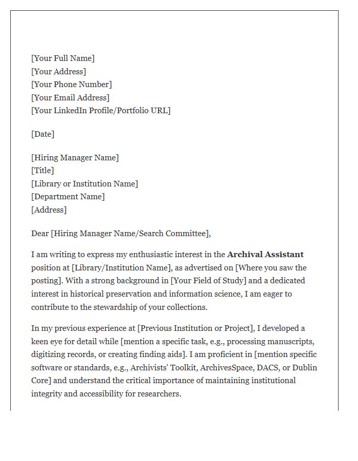 Archival Assistant Library Employment Cover Letter Template