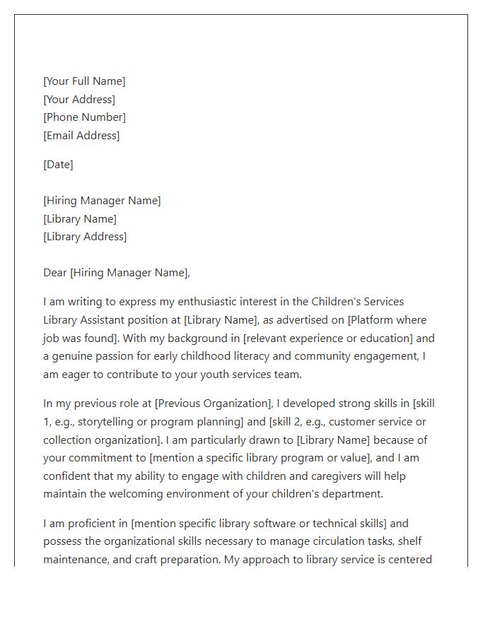 Childrens Services Library Assistant Employment Cover Letter Template