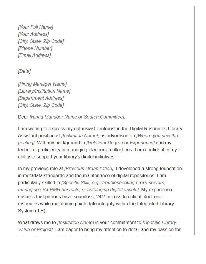 Digital Resources Library Assistant Employment Cover Letter Template