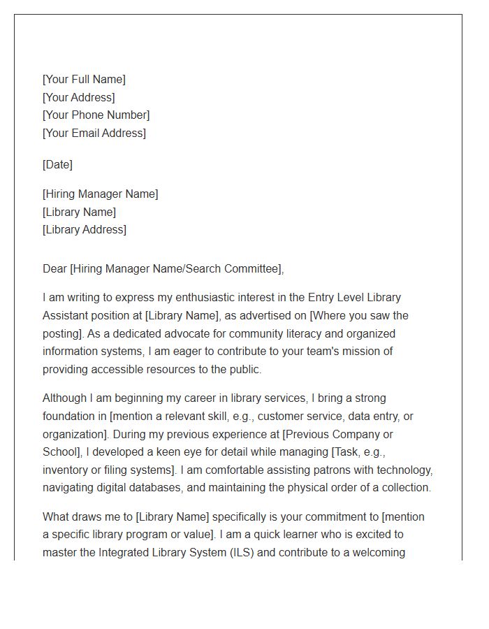 Entry Level Library Assistant Employment Cover Letter Template