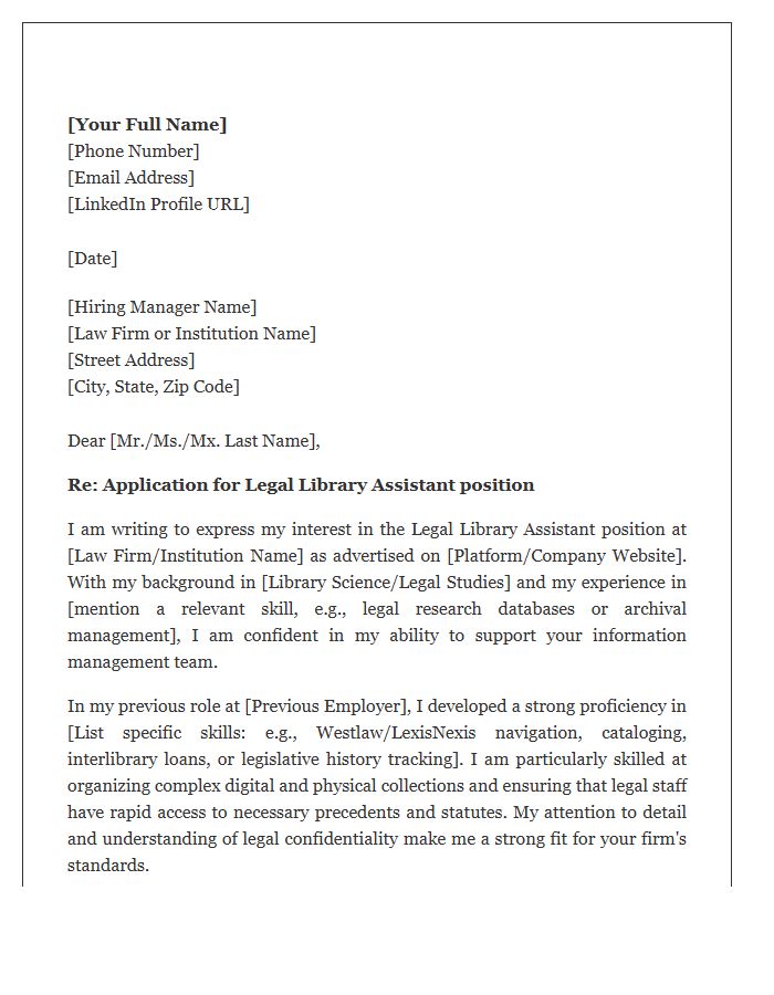 Legal Library Assistant Employment Cover Letter Template