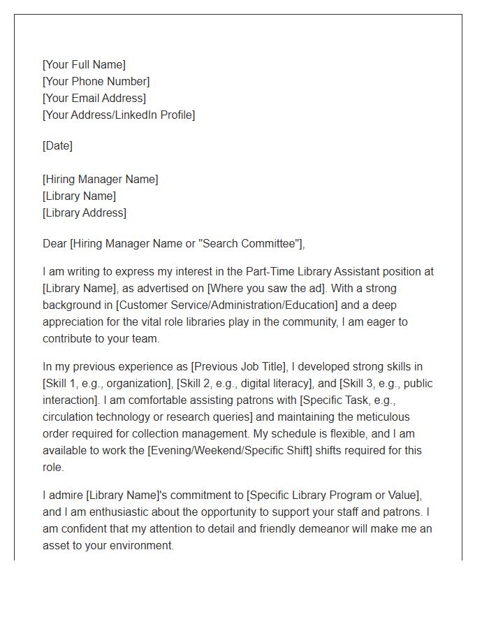 Part Time Library Assistant Employment Cover Letter Template