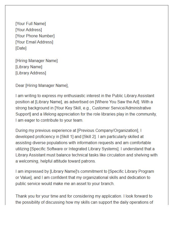 Public Library Assistant Employment Cover Letter Template