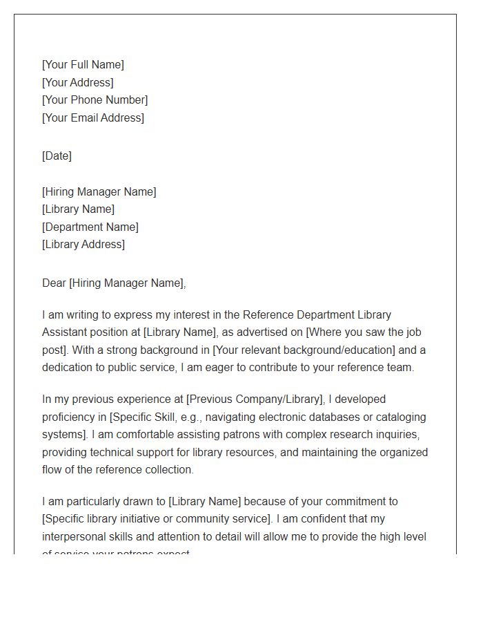 Reference Department Library Assistant Employment Cover Letter Template