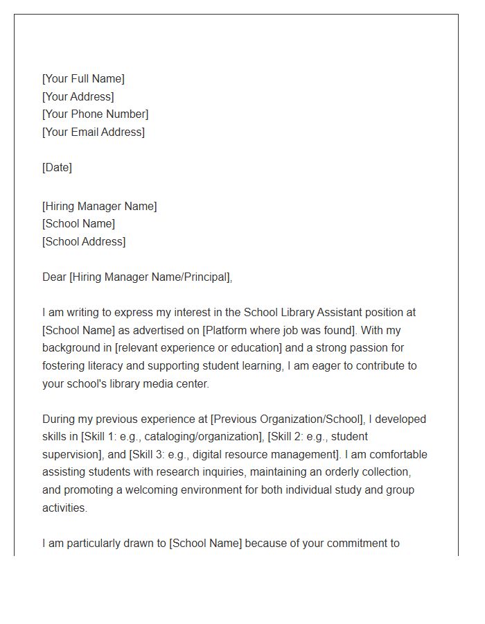 School Library Assistant Employment Cover Letter Template