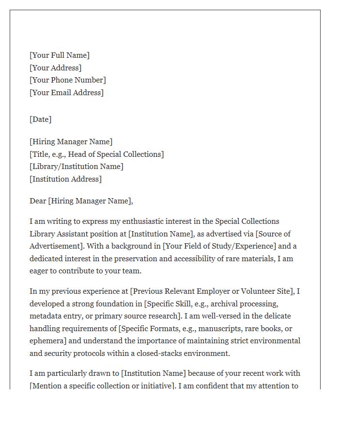 Special Collections Library Assistant Employment Cover Letter Template