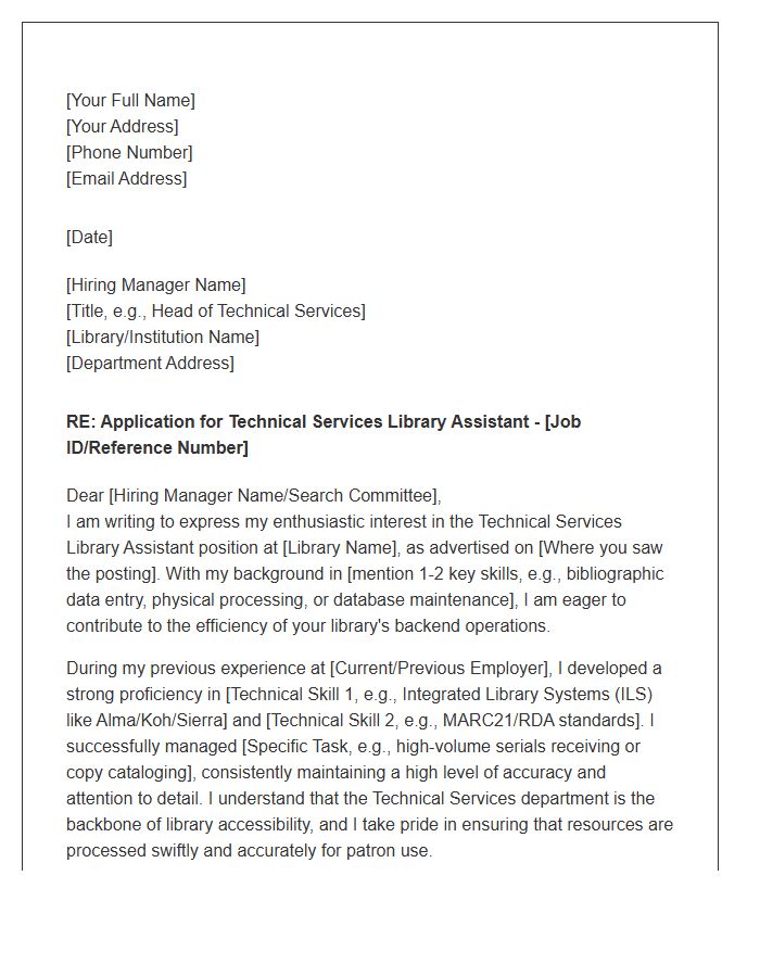 Technical Services Library Assistant Employment Cover Letter Template