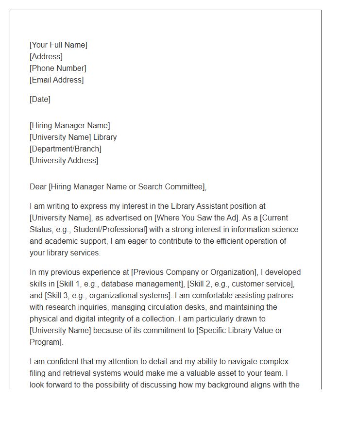 University Library Assistant Employment Cover Letter Template